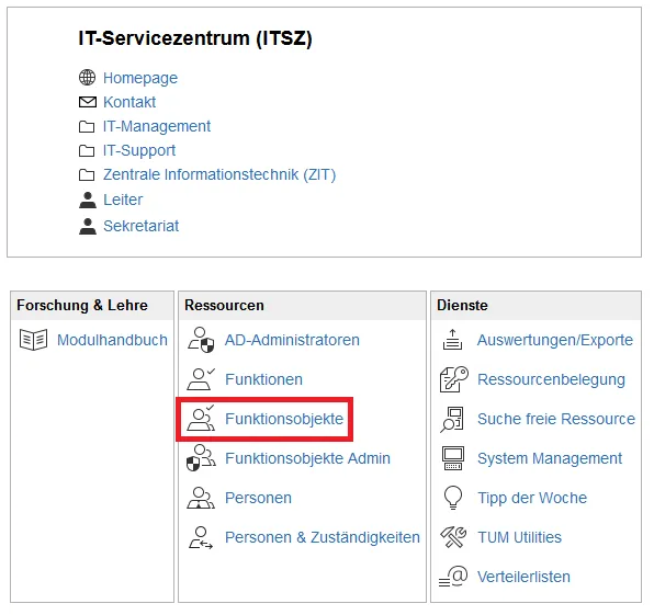 Screenshot: Link "Funktionsobjekte" in TUMonline